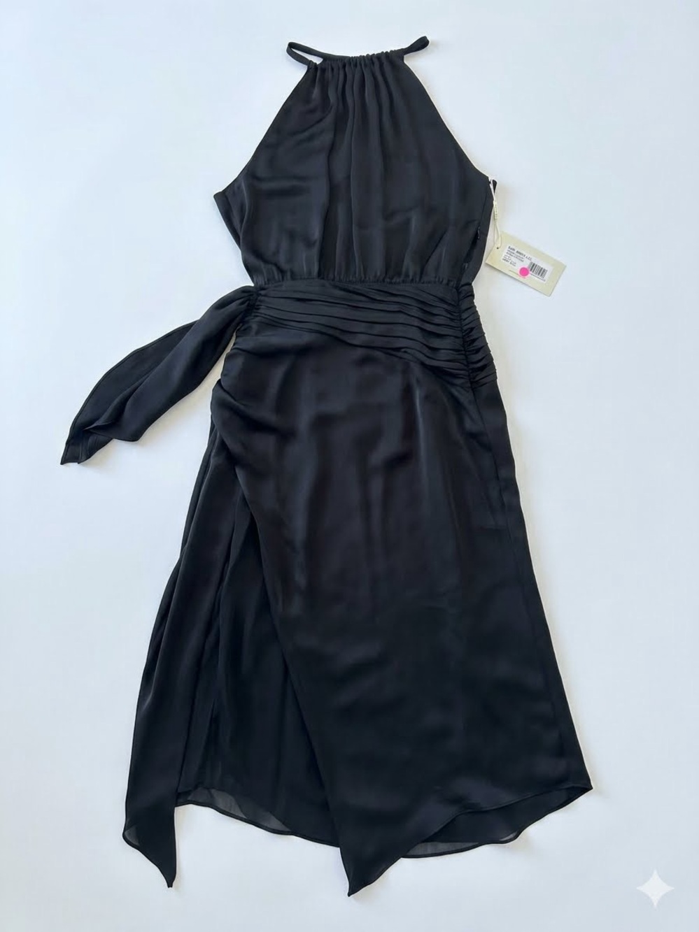 Ramy Brook Amanda Ruched Satin Midi Dress in Black Size 4 NWT